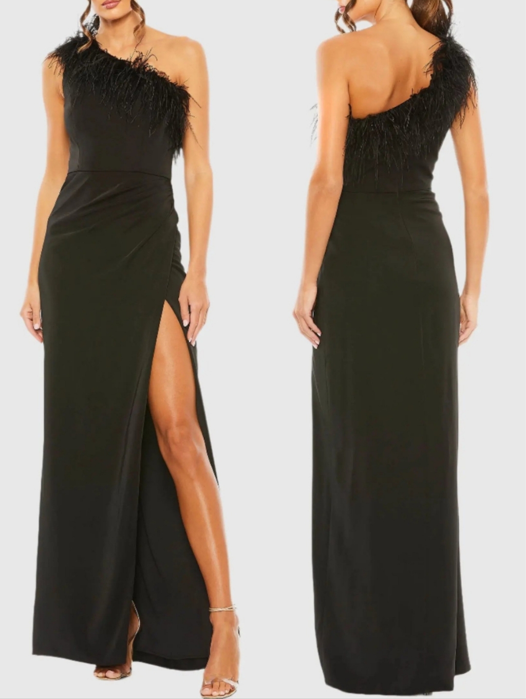 Mac Duggal 68456 Black One Shoulder Full Length Ostrich Feather Trim Gown 6 Nwt